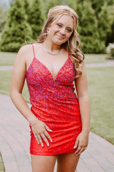 Red Homecoming Dress Open Back Sequin Tight Prom Dress