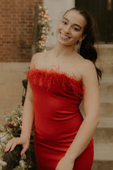 Red Homecoming Dress Satin Tight Short Prom Dress with Feathers