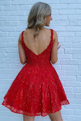 Red Homecoming Dress Sequin A-Line Short Cocktail Dresses with Pockets