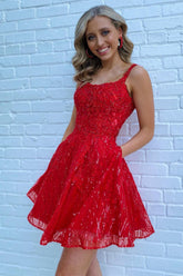 Red Homecoming Dress Sequin A-Line Short Cocktail Dresses with Pockets