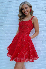 Red Homecoming Dress Sequin A-Line Short Cocktail Dresses with Pockets