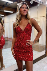 Red Homecoming Dress Sequin Backless Tight Cocktail Party Dresses