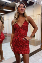 Red Homecoming Dress Sequin Backless Tight Prom Dress