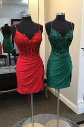 Red Homecoming Dress Sequin Corset Tight Cocktail Party Dresses with Lace