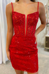 Red Homecoming Dress Sequin Corset Tight Short Lace Cocktail Party Dresses