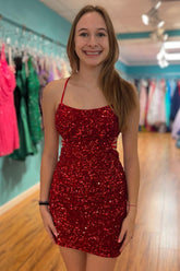 Red Homecoming Dress Sequin Lace-Up Tight Short Prom Dress