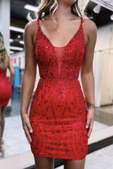 Red Homecoming Dress Sequin Spaghetti Straps Tight Short Hoco Dress