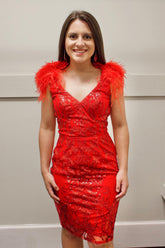 Red Homecoming Dress Sequined Backless Tight Short Prom Dress with Feathers