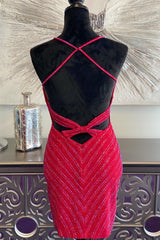 Red Homecoming Dress Sequined Criss-Cross Back Tight Short Prom Dress