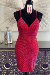 Red Homecoming Dress Sequined Criss-Cross Back Tight Short Prom Dress