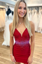 Red Homecoming Dress Sequined Open Back Tight Short Prom Dress