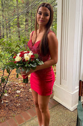 Red Homecoming Dress Spaghetti Straps Beaded Tight Short Cocktail Dresses