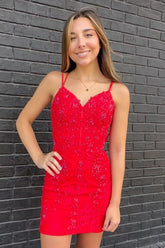 Red Homecoming Dress Spaghetti Straps Tight Short Prom Dress With Lace