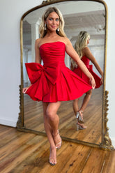 Red Homecoming Dress Strapless A-Line Satin Short Prom Dress with Bowknot