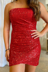 Red Homecoming Dress Strapless Tight Short Prom Dress with Sequin