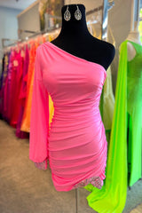 Red Homecoming Dress Tight One Shoulder Prom Dress with Sequin