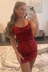 Red Homecoming Dress Tight Sequin Backless Prom Dress