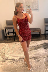 Red Homecoming Dress Tight Sequin Backless Prom Dress