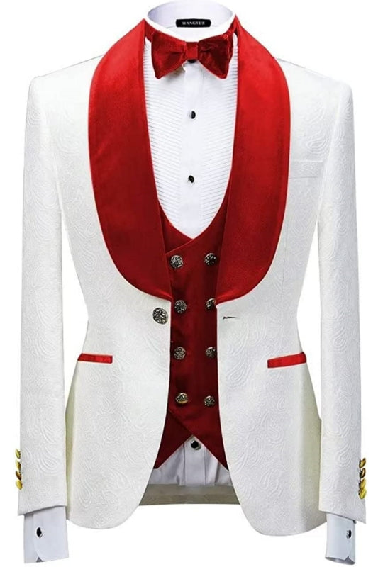 Red Jacquard Three Piece Shawl Lapel Wedding Suit