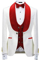 Red Jacquard Three Piece Shawl Lapel Wedding Suit