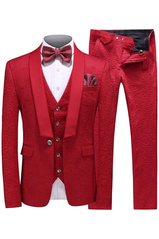 Red Jacquard Three Piece Shawl Lapel Wedding Suit