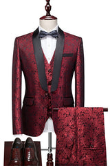 Red Jacquard Three Piece Shawl Lapel Wedding Suit