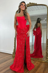 Red Lace Formal Gown With Structured Corset Bodice And Statement Bow Formal Evening Gown