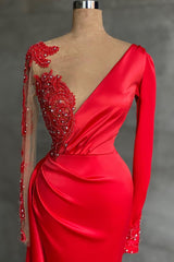 Red Long Sleeve V Neck Mermaid Prom Dress With Beadings
