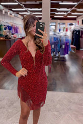 Red Long Sleeves Deep V-Neck Sequined Short Homecoming Dress with Fringes