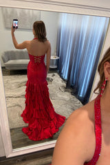 Red Mermaid Halter Prom Dress With High Slit And Tiered Ruffle Skirt Formal Evening Gown