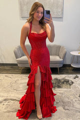 Red Mermaid Halter Prom Dress With High Slit And Tiered Ruffle Skirt Formal Evening Gown