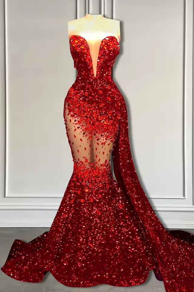 Red Mermaid Style Prom Dress With Sweetheart Sequins And Ruffle