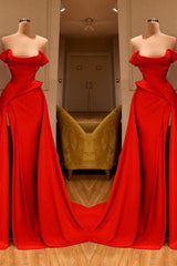 Red Off The Shoulder Long Prom Dress With Split