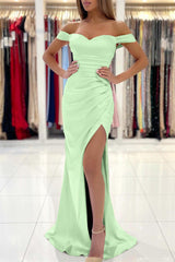 Red Off The Shoulder Sweetheart Mermaid Evening Dress with Slit Pleats