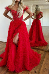 Red Off the Shoulder Corset A-Line Prom Dress with Beadings