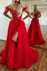 Red Off the Shoulder Corset A-Line Prom Dress with Beadings