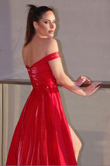 Red Off the Shoulder Long Evening Dress with Split