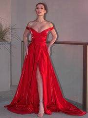 Red Off the Shoulder Long Evening Dress with Split