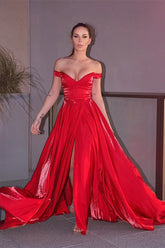 Red Off the Shoulder Long Evening Dress with Split