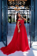 Red Prom Dress A Line Beaded Off the Shoulder Formal Dress with Neck Train