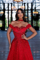 Red Prom Dress A Line Beaded Off the Shoulder Formal Dress with Neck Train