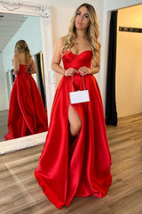 Red Prom Dress A-Line Satin Sweetheart Long Formal Dress With Slit