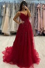 Red Prom Dress A Line Spaghetti Strap V Neck Beaded Sleeveless Tulle Formal Dress With Appliques