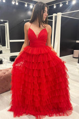 Red Prom Dress A Line Spaghetti Straps Long Tiered Evening Dress