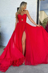Red Prom Dress A Line Strapless Long Evening Dress with Slit