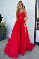 Red Prom Dress A Line Strapless Long Evening Dress with Slit