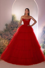 Red Prom Dress A Line Strapless Sequined Sleeveless Floor Length Tulle Formal Dress With Rhinestone