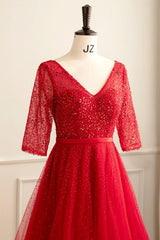 Red Prom Dress A Line Tulle Sequin Long Formal Evening Dress