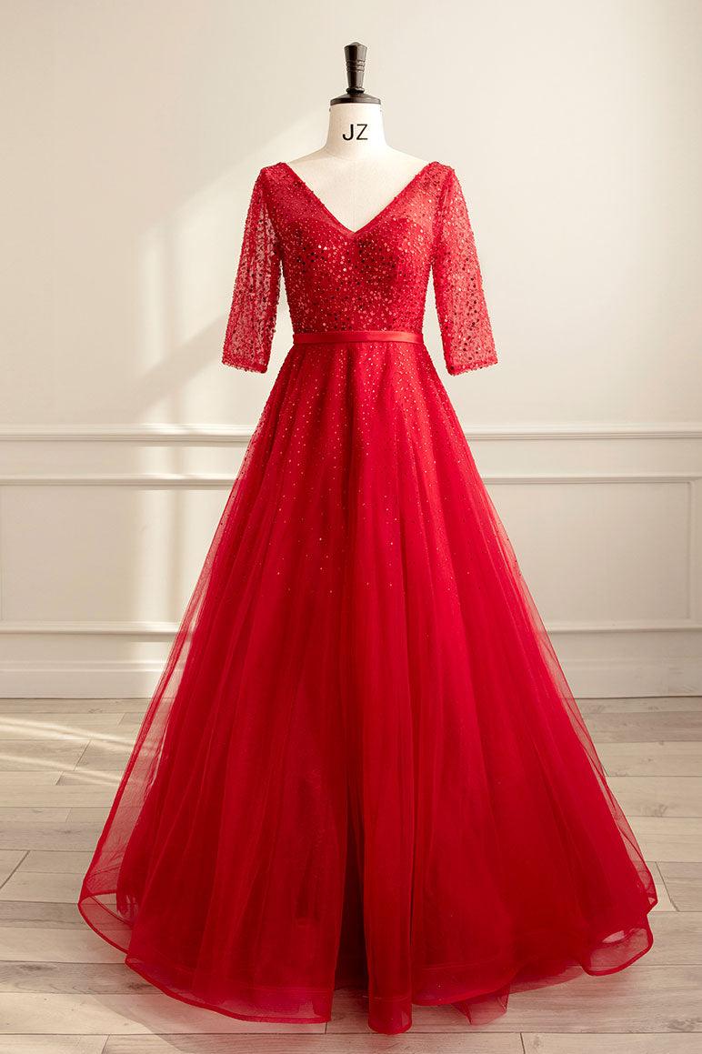Red Prom Dress A Line Tulle Sequin Long Formal Evening Dress