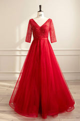 Red Prom Dress A Line Tulle Sequin Long Formal Evening Dress